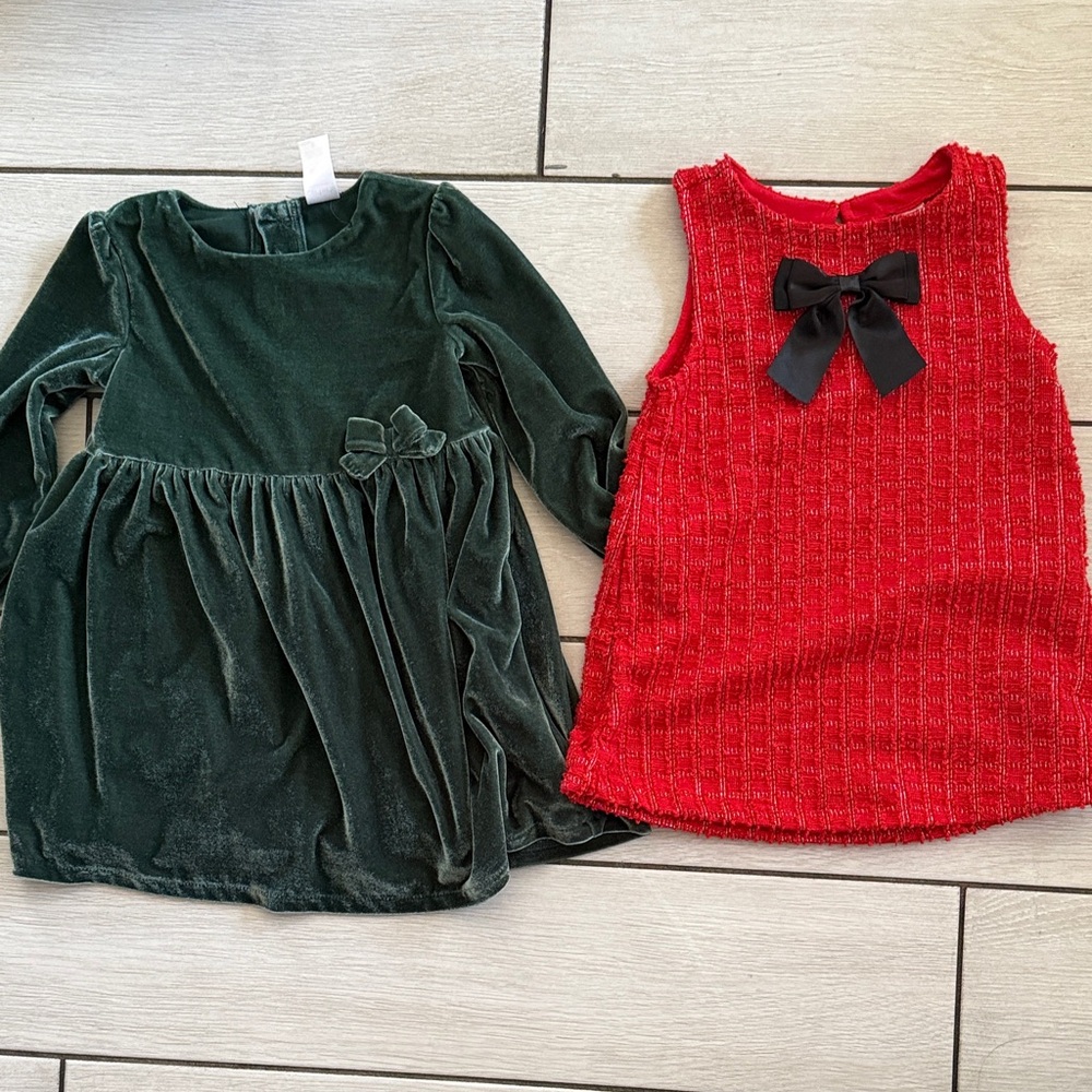 2T Green Velvet Dress and Red Tweed Dress Set
